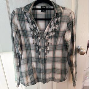 Vanity flannel button down shirt with raw edges cute